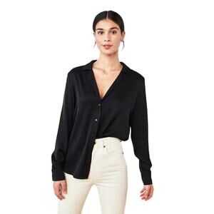 New Quince Womens Washable Stretch Silk Notch Collar Blouse Black XL 2599